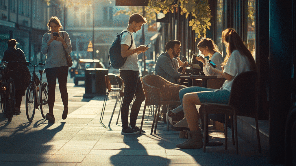 a group of people outside a restaurant